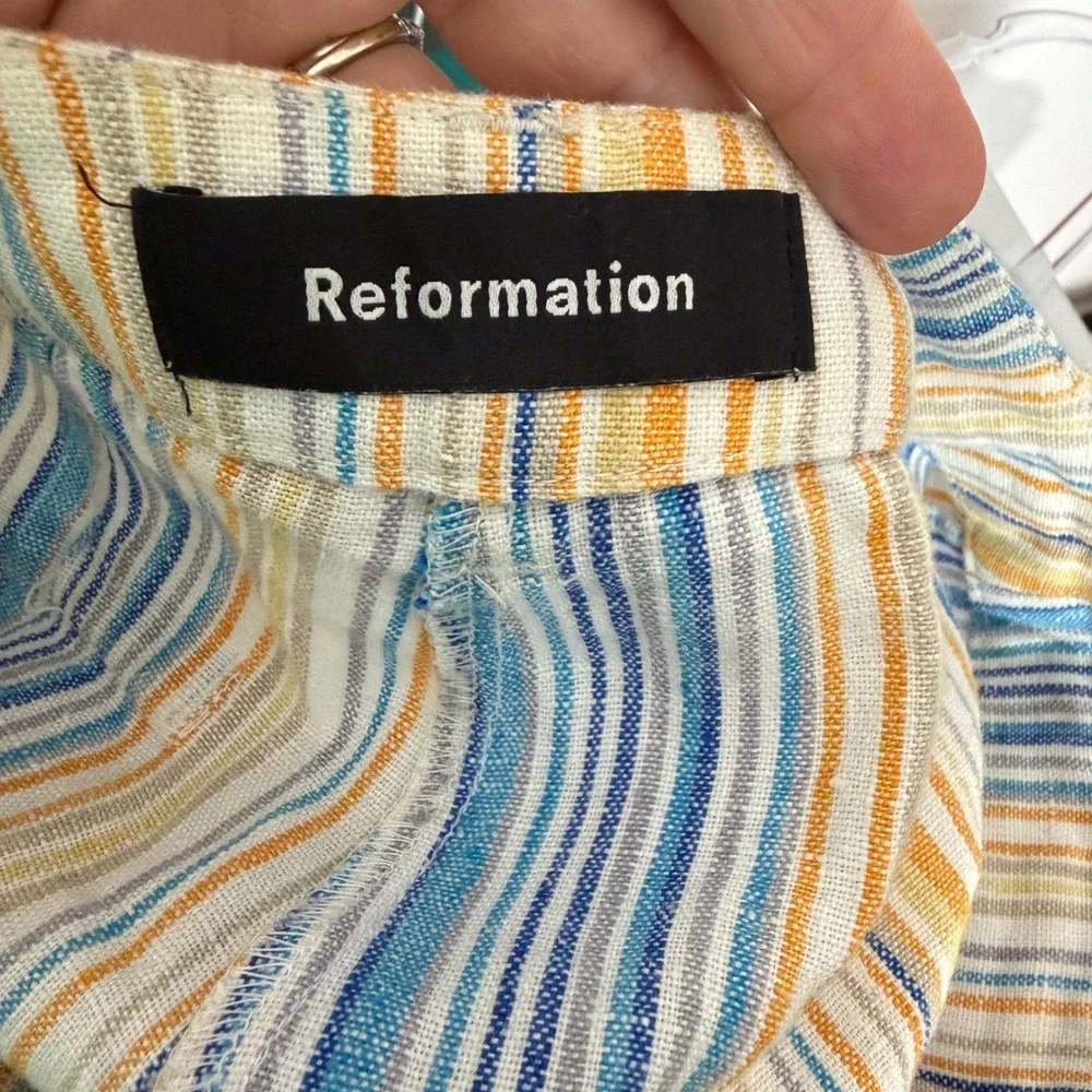 Reformation Pants Womens 4 Blue Orange Stripe 100% Linen Wide Leg High Rise